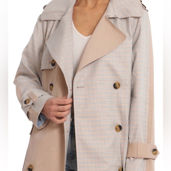 Avec Les Filles - Women's Mixed Media Plaid Cotton Trench Coat - Picture 2 of 3